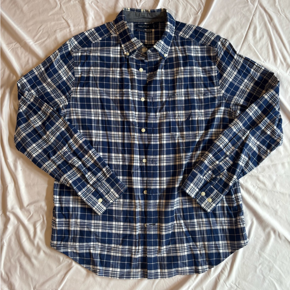 Nautica Blue and White Casual Button Down Shirt